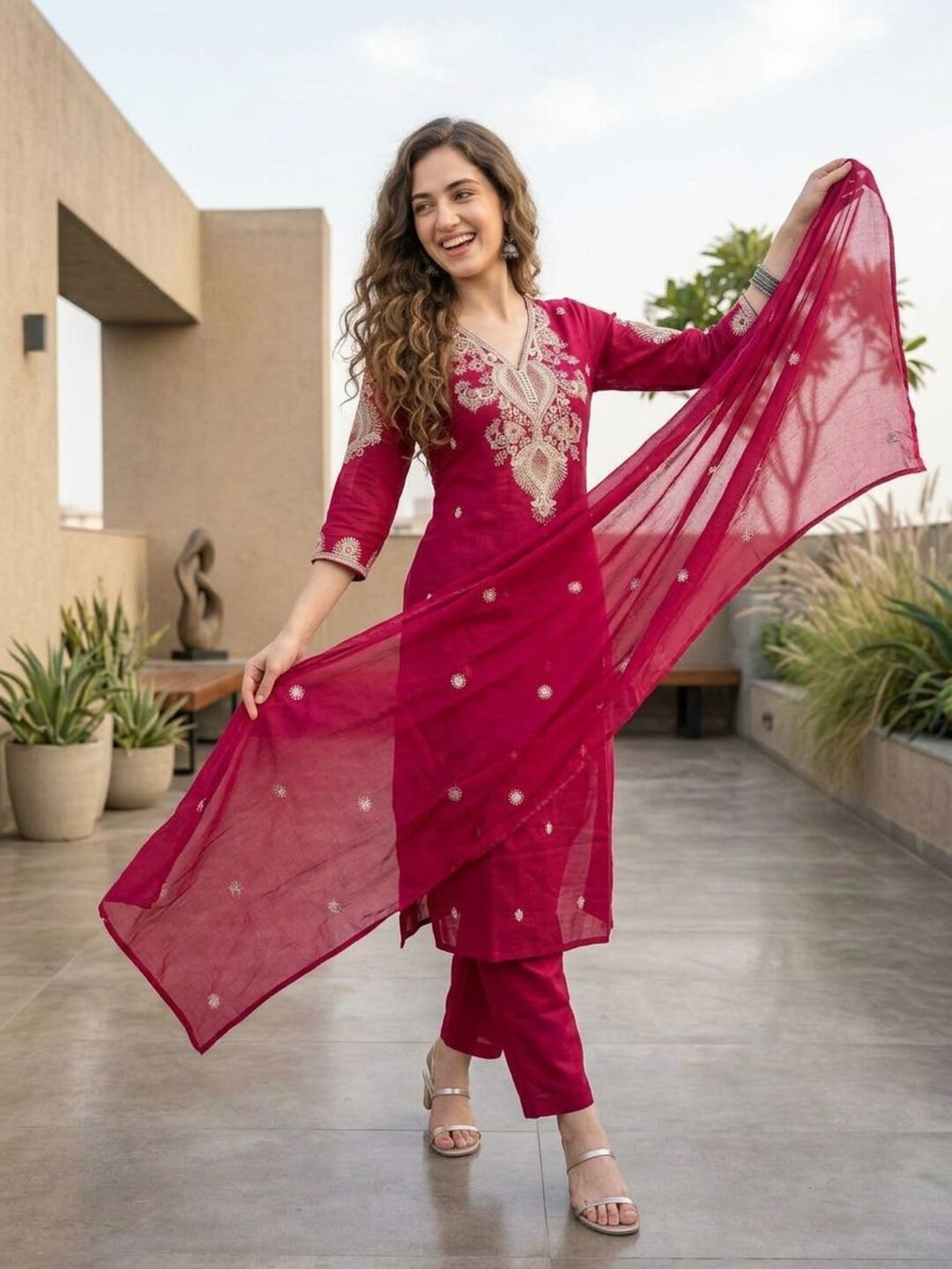 Solid Embroidered Straight Kurta with Palazzo & Dupatta - Rani Pink