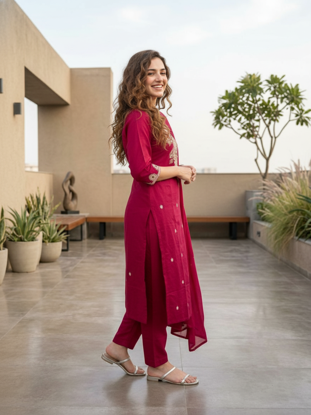 Solid Embroidered Straight Kurta with Palazzo & Dupatta - Rani Pink