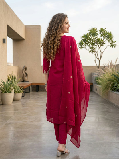 Solid Embroidered Straight Kurta with Palazzo & Dupatta - Rani Pink
