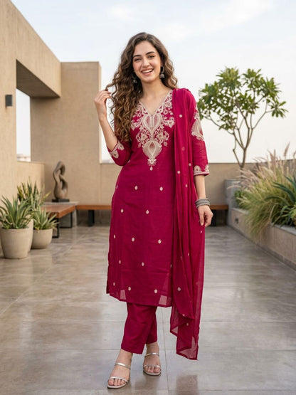 Solid Embroidered Straight Kurta with Palazzo & Dupatta - Rani Pink