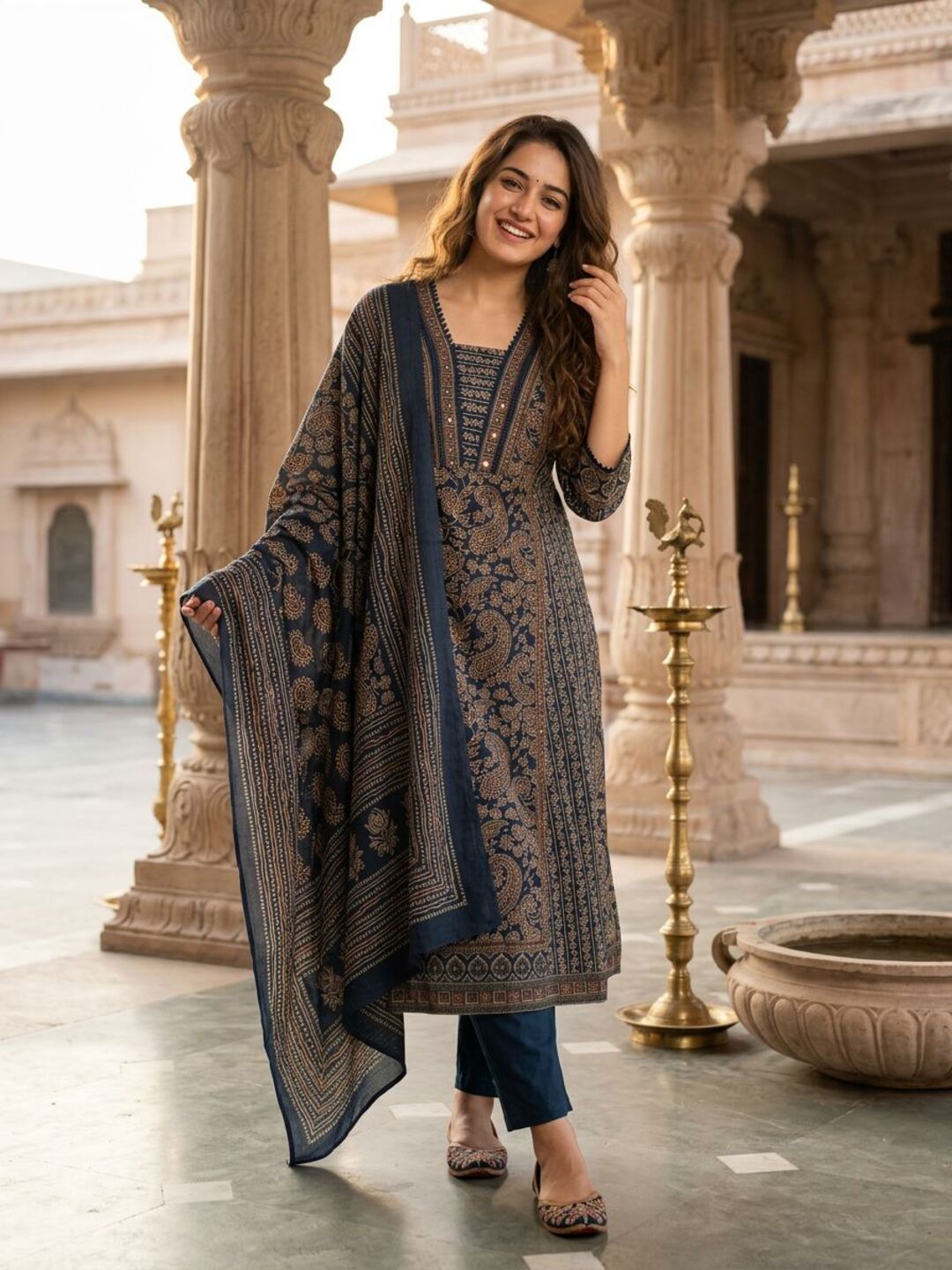 Ethnic Printed Anarkali Kurta with Pant & Dupatta - Blue