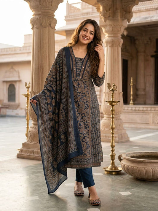 Ethnic Printed Anarkali Kurta with Pant & Dupatta - Blue