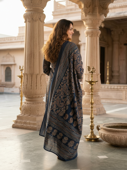 Ethnic Printed Anarkali Kurta with Pant & Dupatta - Blue
