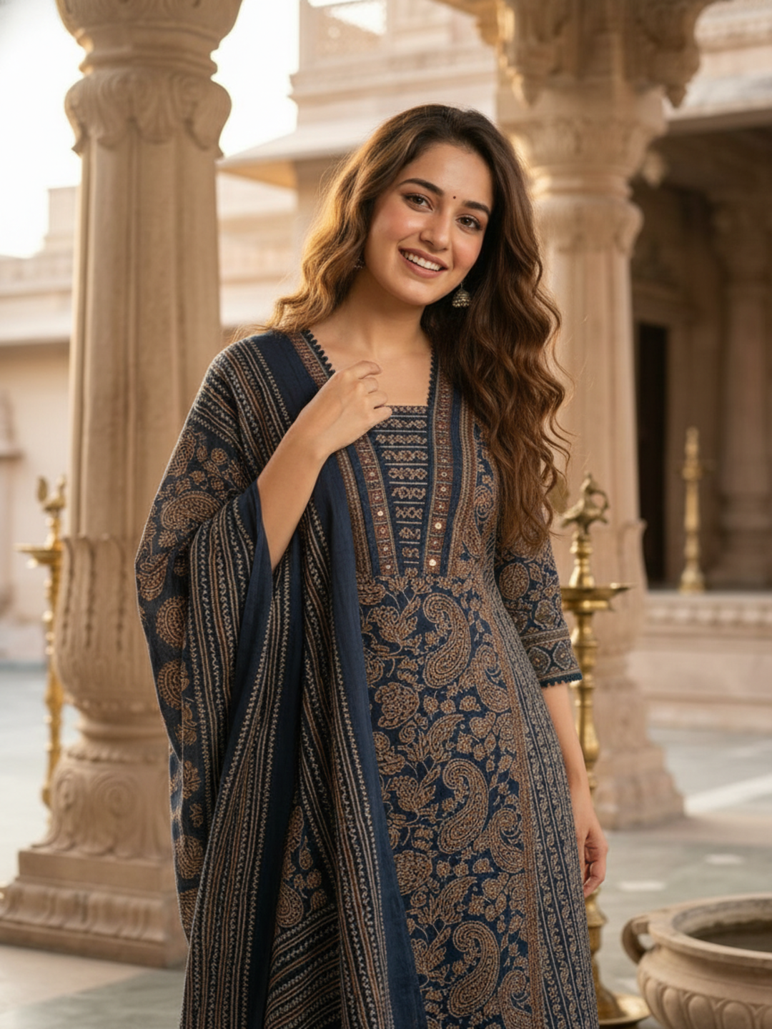 Ethnic Printed Anarkali Kurta with Pant & Dupatta - Blue