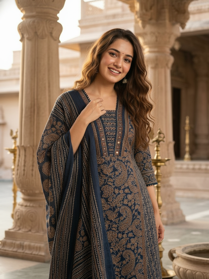 Ethnic Printed Anarkali Kurta with Pant & Dupatta - Blue