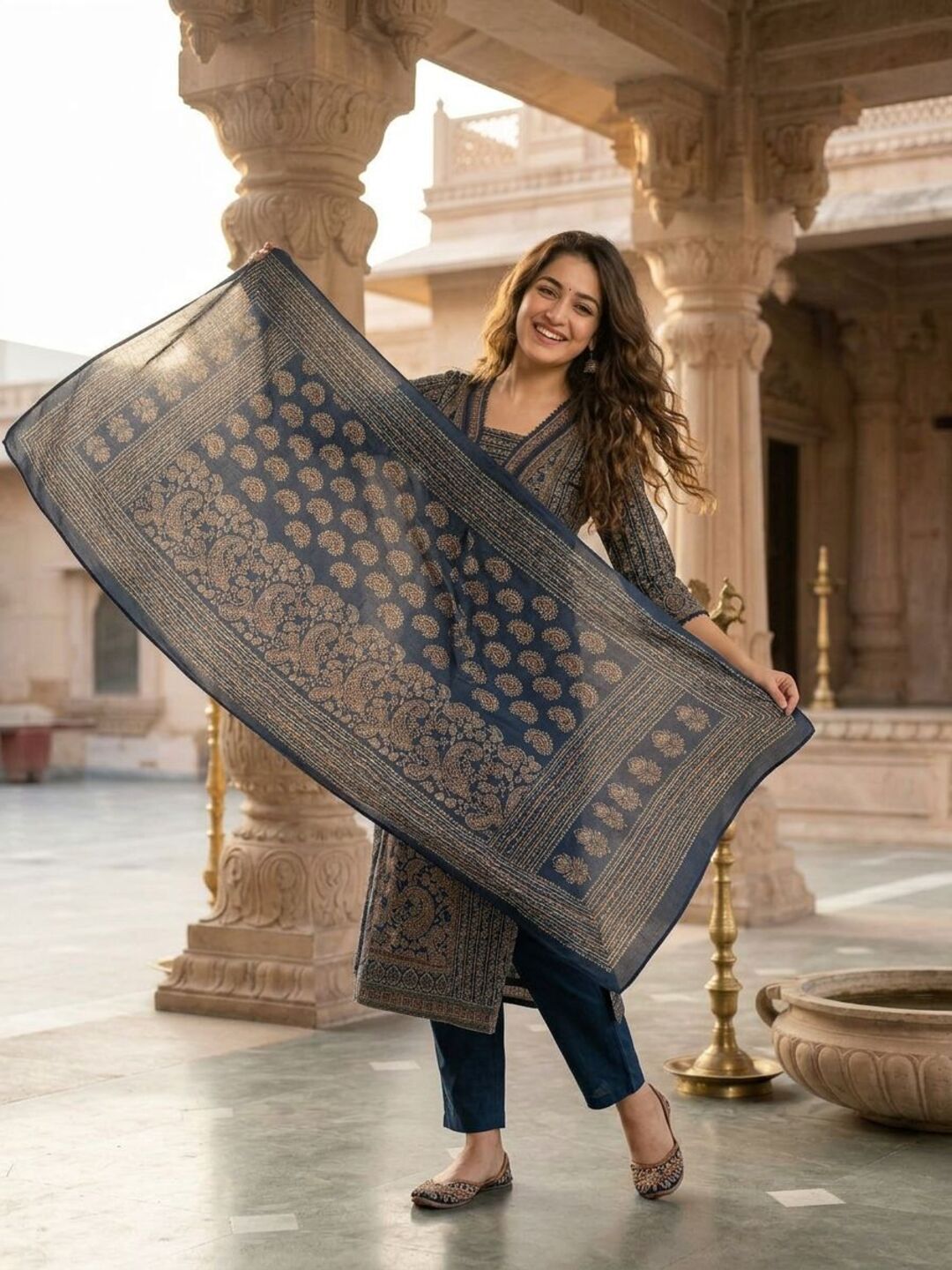 Ethnic Printed Anarkali Kurta with Pant & Dupatta - Blue