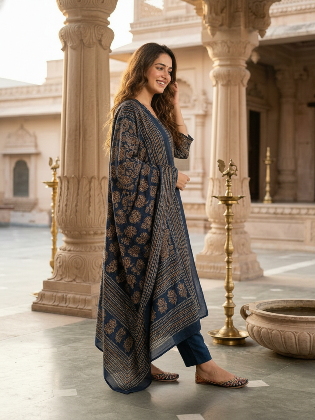 Ethnic Printed Anarkali Kurta with Pant & Dupatta - Blue