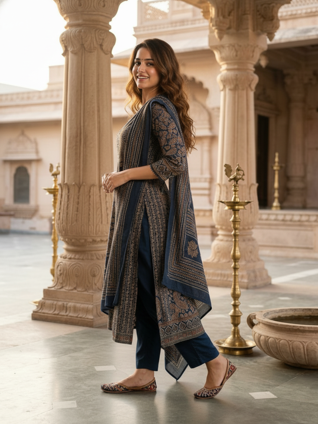 Ethnic Printed Anarkali Kurta with Pant & Dupatta - Blue