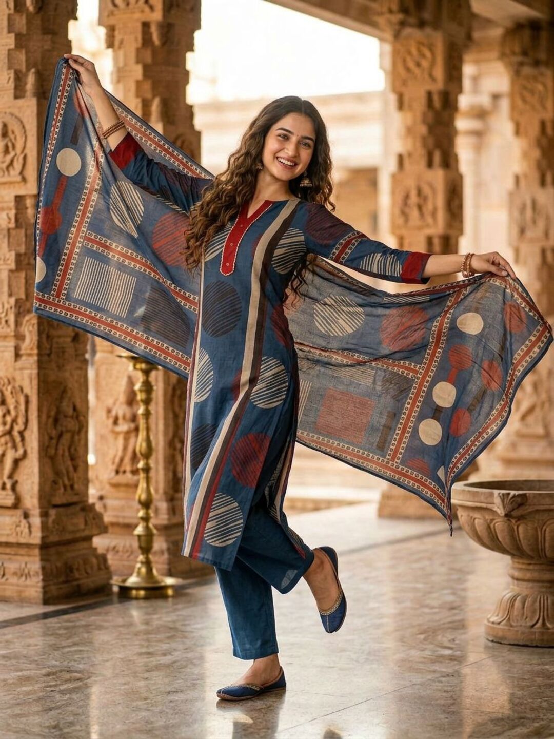 Abstract Printed Straight Kurta with Pant & Dupatta - Blue