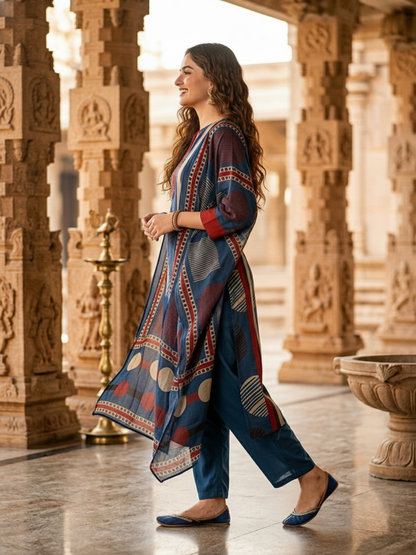 Abstract Printed Straight Kurta with Pant & Dupatta - Blue