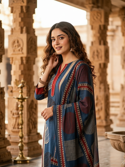 Abstract Printed Straight Kurta with Pant & Dupatta - Blue