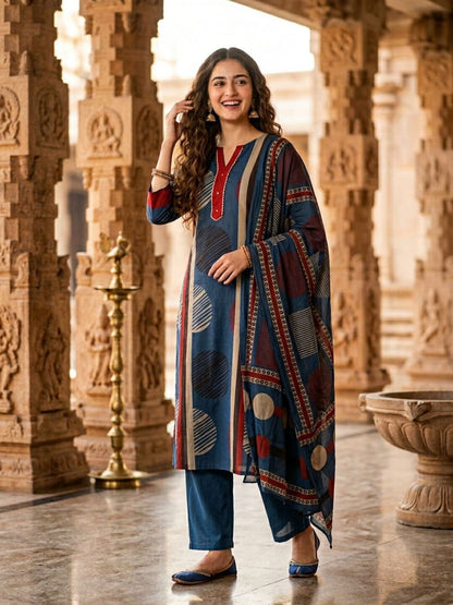 Abstract Printed Straight Kurta with Pant & Dupatta - Blue