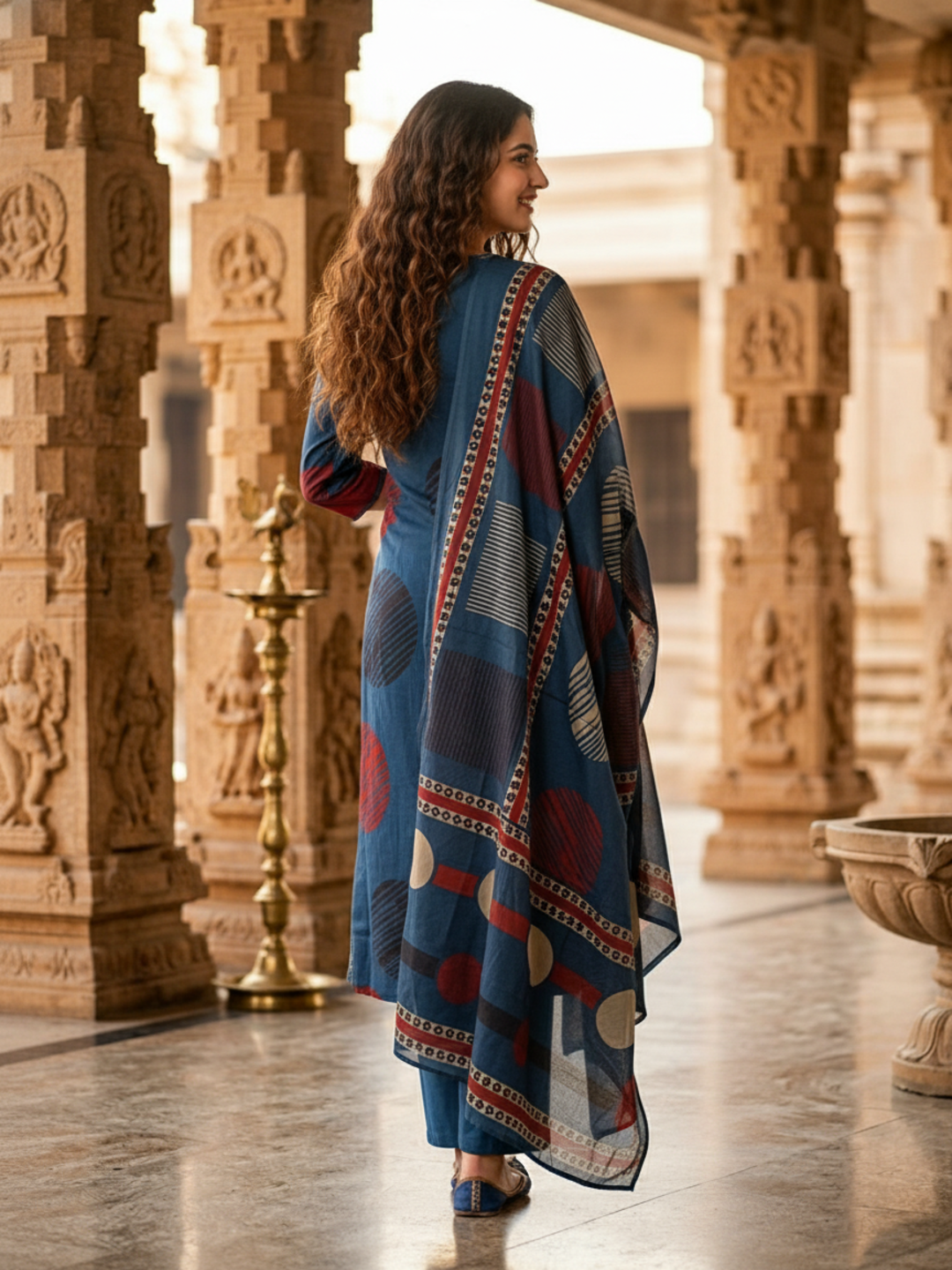 Abstract Printed Straight Kurta with Pant & Dupatta - Blue