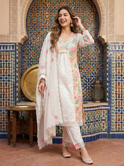 Solid Embroidered Schiffli A-Line Kurta with Pant & Dupatta - Off White