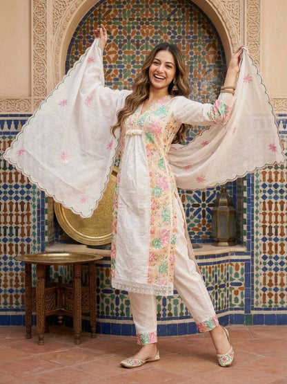 Solid Embroidered Schiffli A-Line Kurta with Pant & Dupatta - Off White