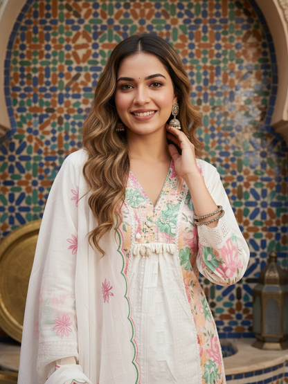 Solid Embroidered Schiffli A-Line Kurta with Pant & Dupatta - Off White