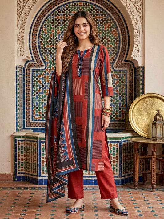 Abstract Printed Straight Kurta with Pant & Dupatta - Red