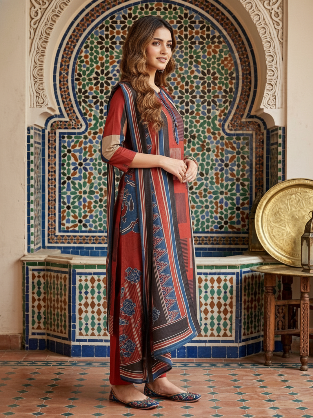 Abstract Printed Straight Kurta with Pant & Dupatta - Red