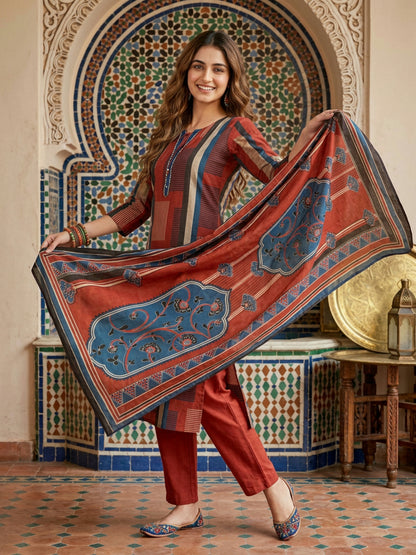Abstract Printed Straight Kurta with Pant & Dupatta - Red