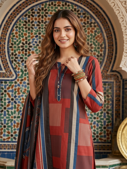 Abstract Printed Straight Kurta with Pant & Dupatta - Red
