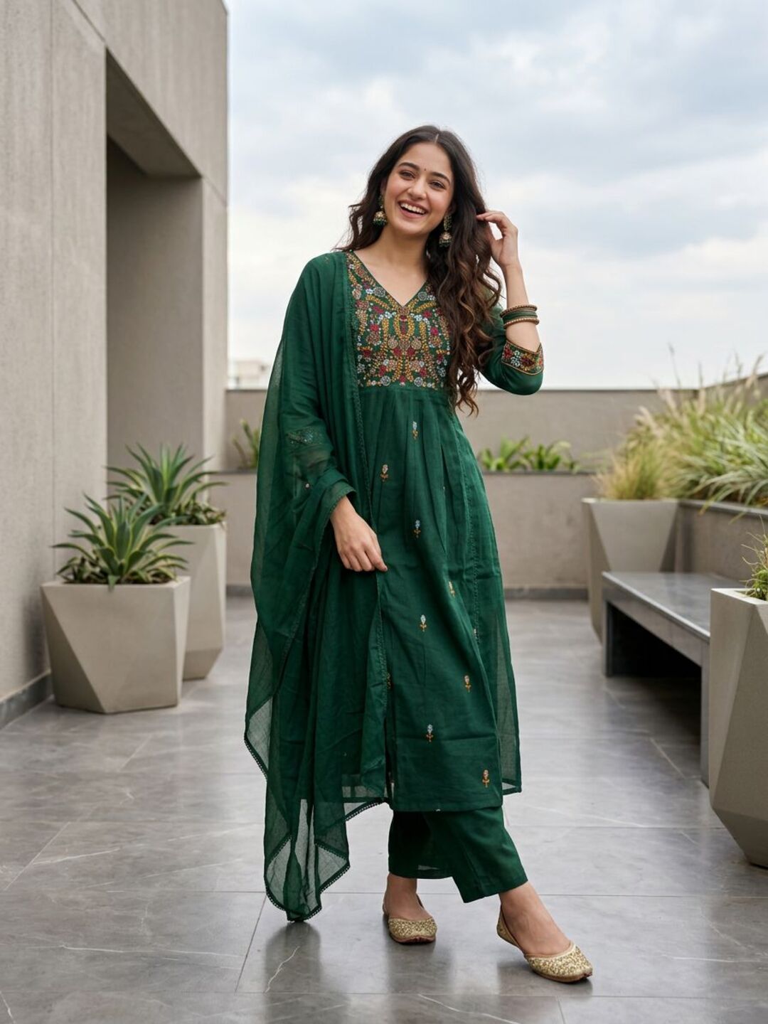 Embroidered Anarkali Kurta Set with Pant & Dupatta - Emerald Green