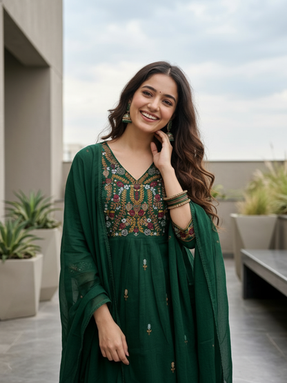 Embroidered Anarkali Kurta Set with Pant & Dupatta - Emerald Green