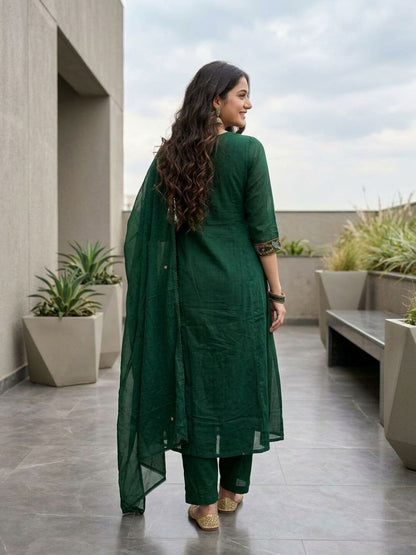 Embroidered Anarkali Kurta Set with Pant & Dupatta - Emerald Green