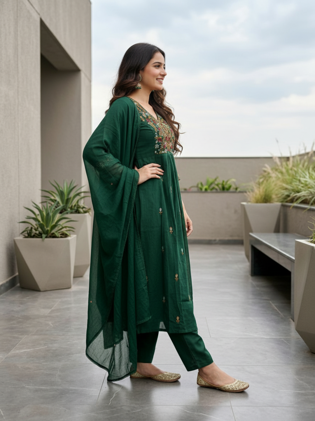 Embroidered Anarkali Kurta Set with Pant & Dupatta - Emerald Green