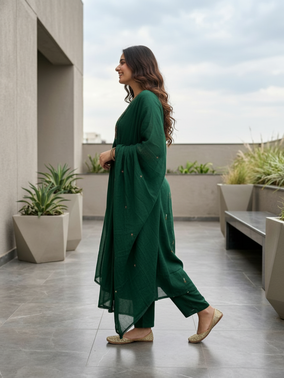 Embroidered Anarkali Kurta Set with Pant & Dupatta - Emerald Green