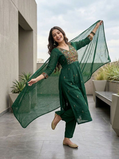 Embroidered Anarkali Kurta Set with Pant & Dupatta - Emerald Green