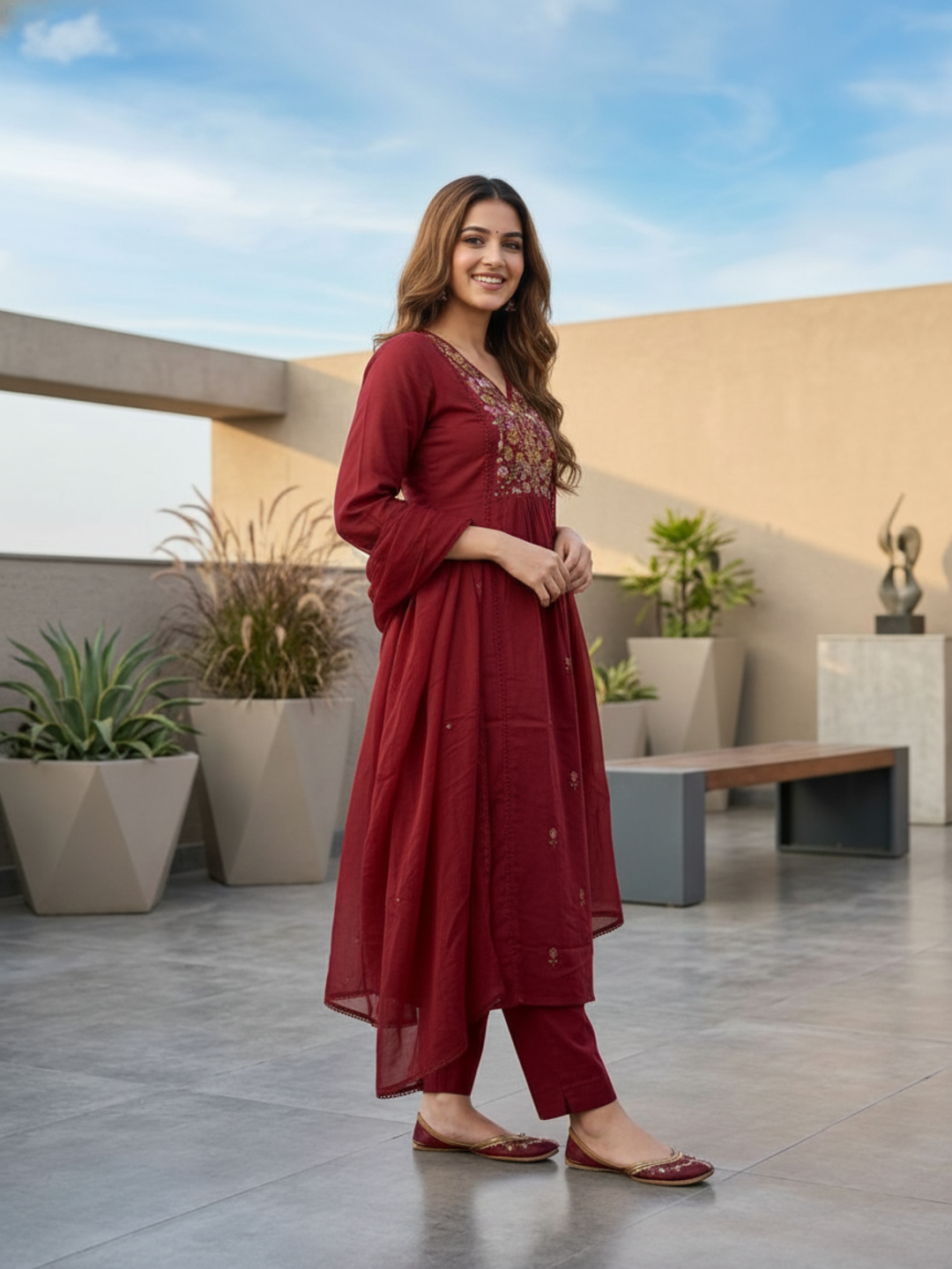 Solid Floral Embroidered A-Line Kurta with Pant & Dupatta - Maroon