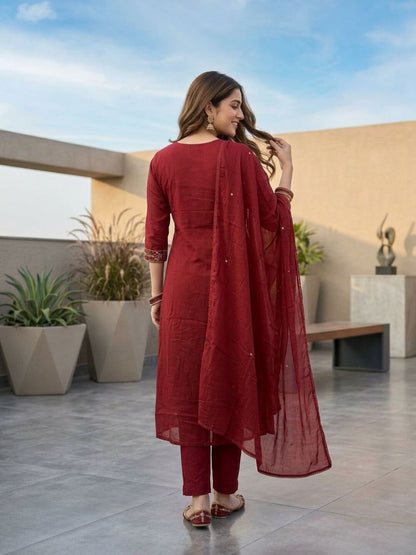 Solid Floral Embroidered A-Line Kurta with Pant & Dupatta - Maroon