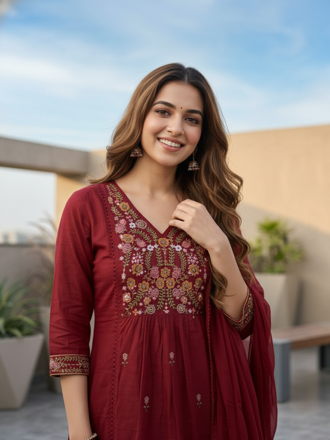 Solid Floral Embroidered A-Line Kurta with Pant & Dupatta - Maroon