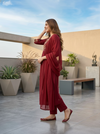 Solid Floral Embroidered A-Line Kurta with Pant & Dupatta - Maroon