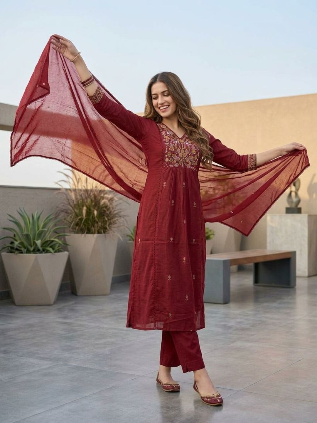 Solid Floral Embroidered A-Line Kurta with Pant & Dupatta - Maroon
