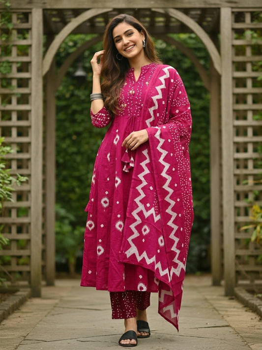 Bandhani Printed Anarkali with Pant & Dupatta - Pink