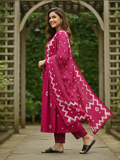 Bandhani Printed Anarkali with Pant & Dupatta - Pink