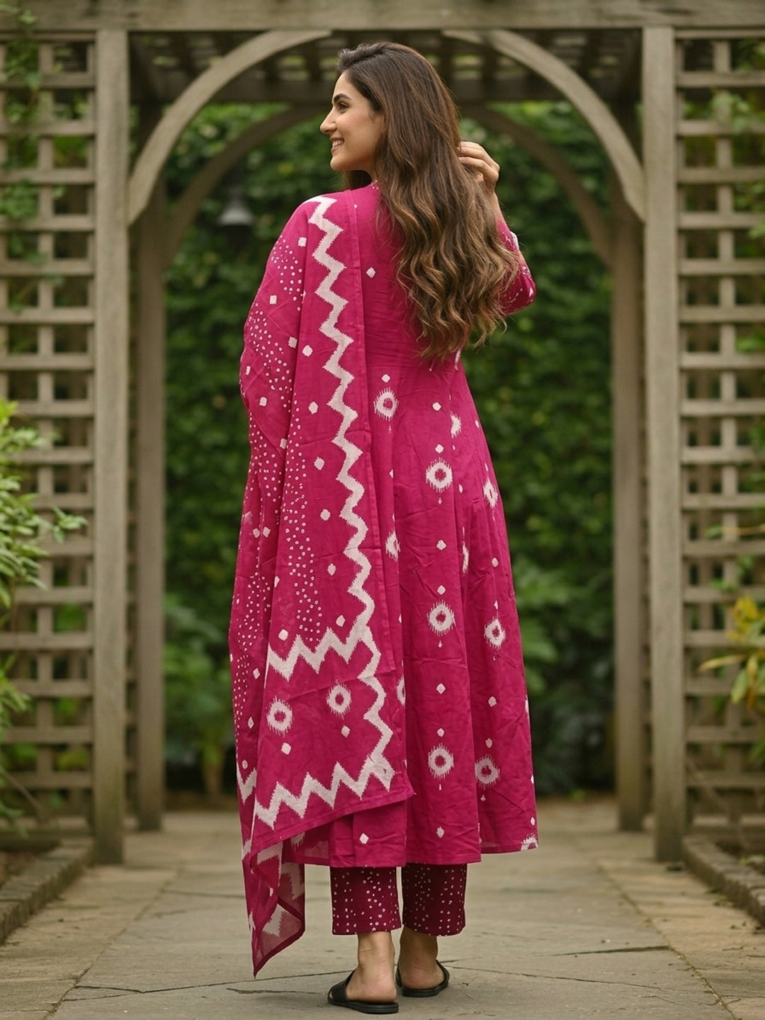 Bandhani Printed Anarkali with Pant & Dupatta - Pink