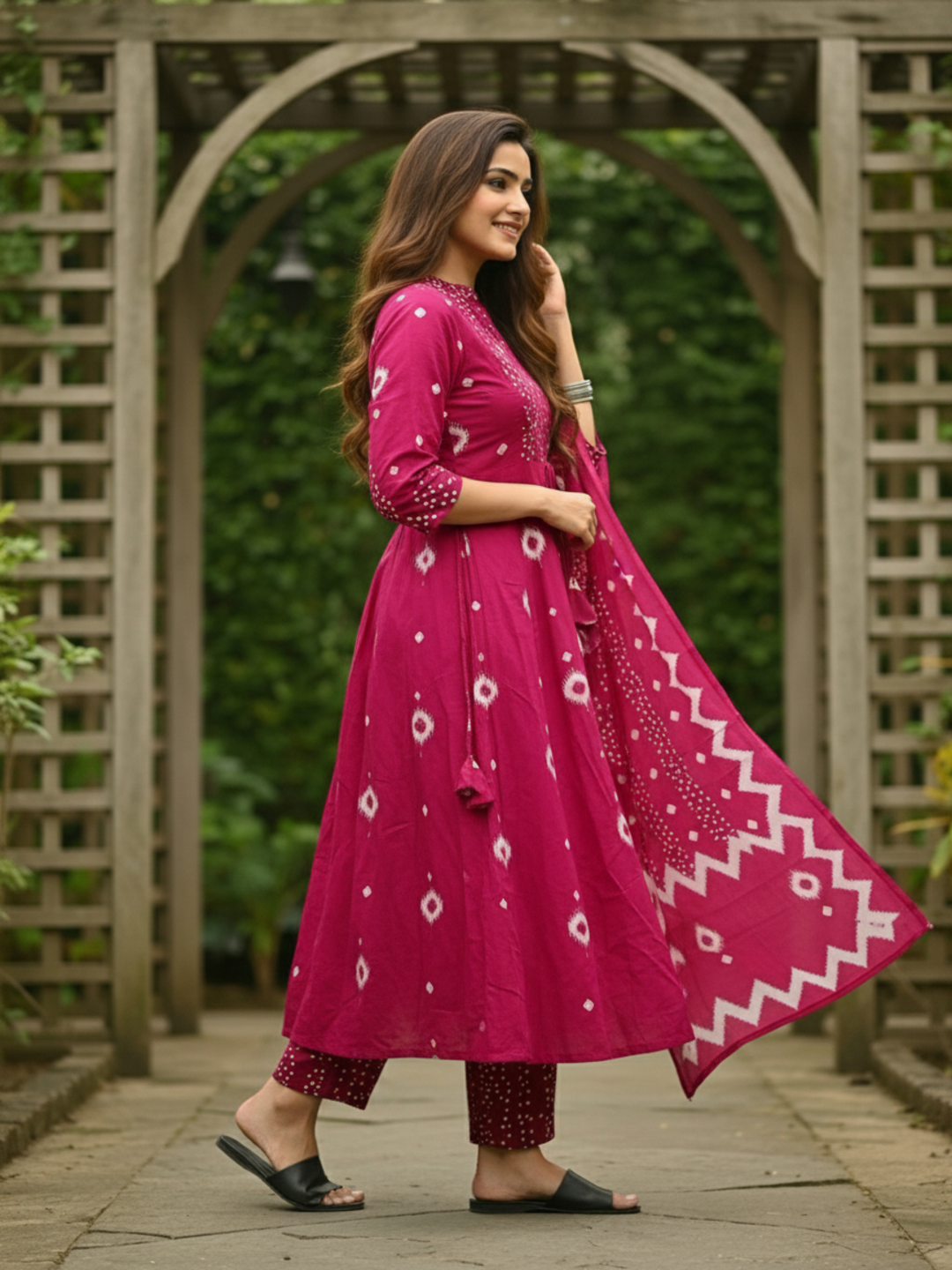 Bandhani Printed Anarkali with Pant & Dupatta - Pink