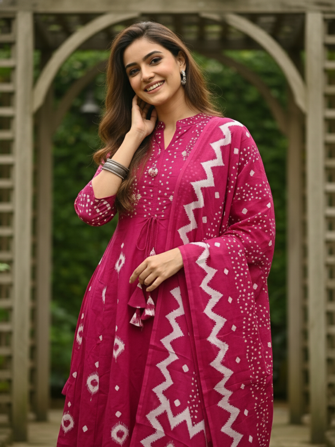 Bandhani Printed Anarkali with Pant & Dupatta - Pink