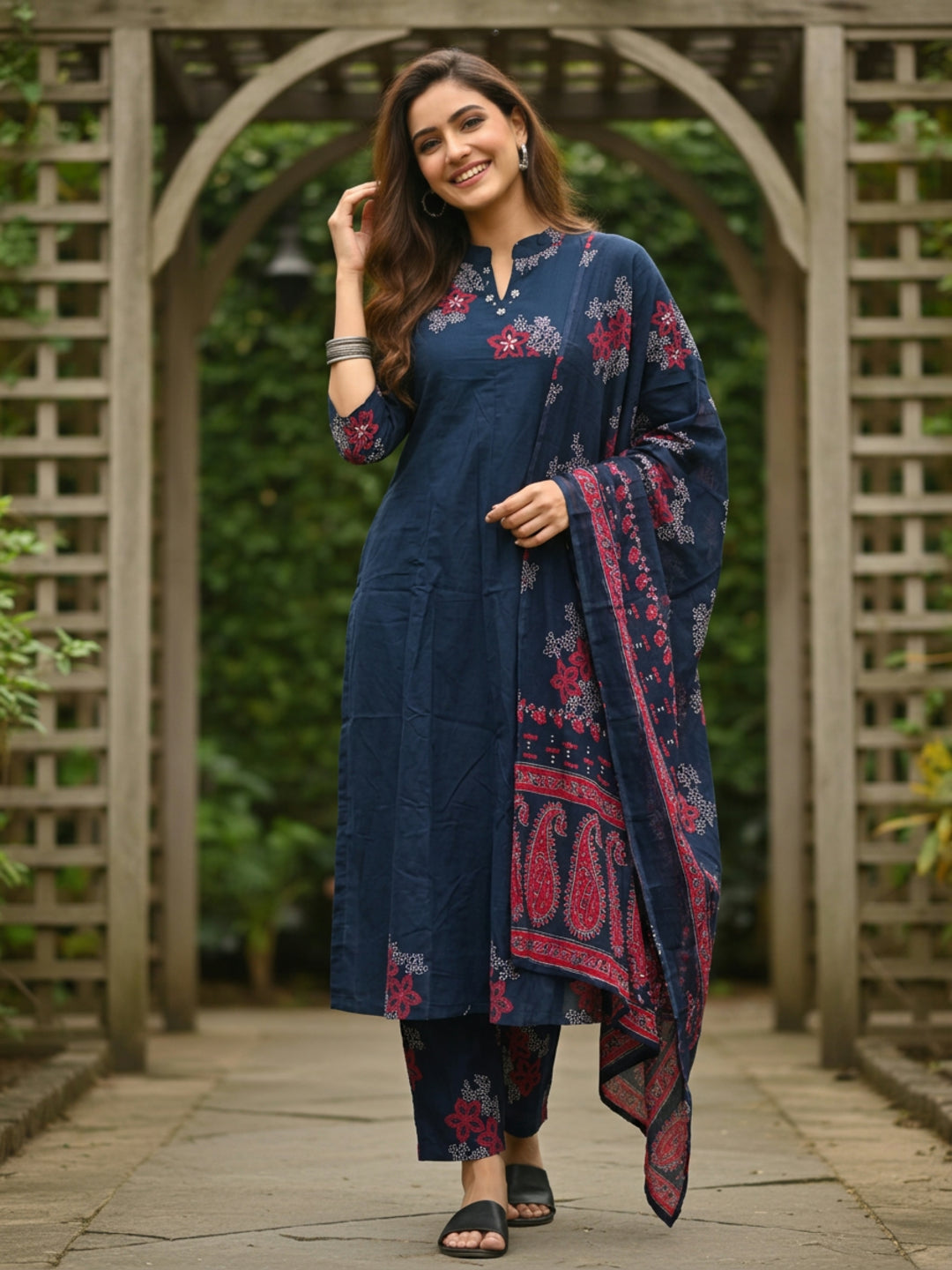 Floral Printed Embroidered Anarkali with Pant & Dupatta - Blue