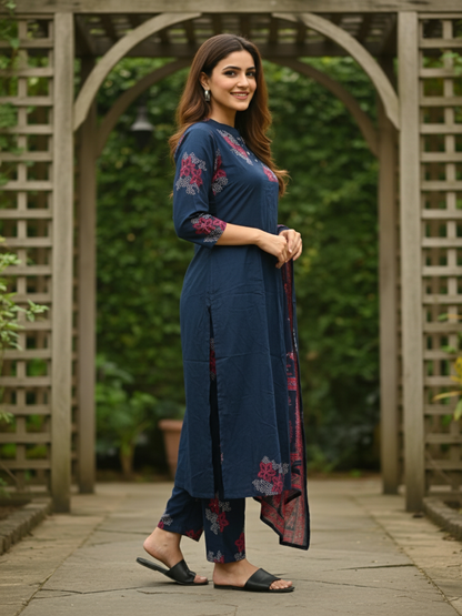 Floral Printed Embroidered Anarkali with Pant & Dupatta - Blue
