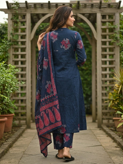 Floral Printed Embroidered Anarkali with Pant & Dupatta - Blue