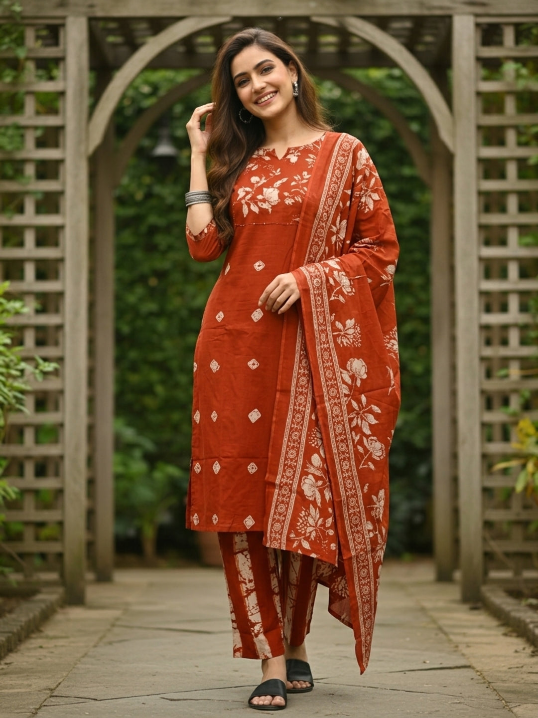 Floral Printed Embroidered Straight Kurta with Pant and Dupatta - Rust