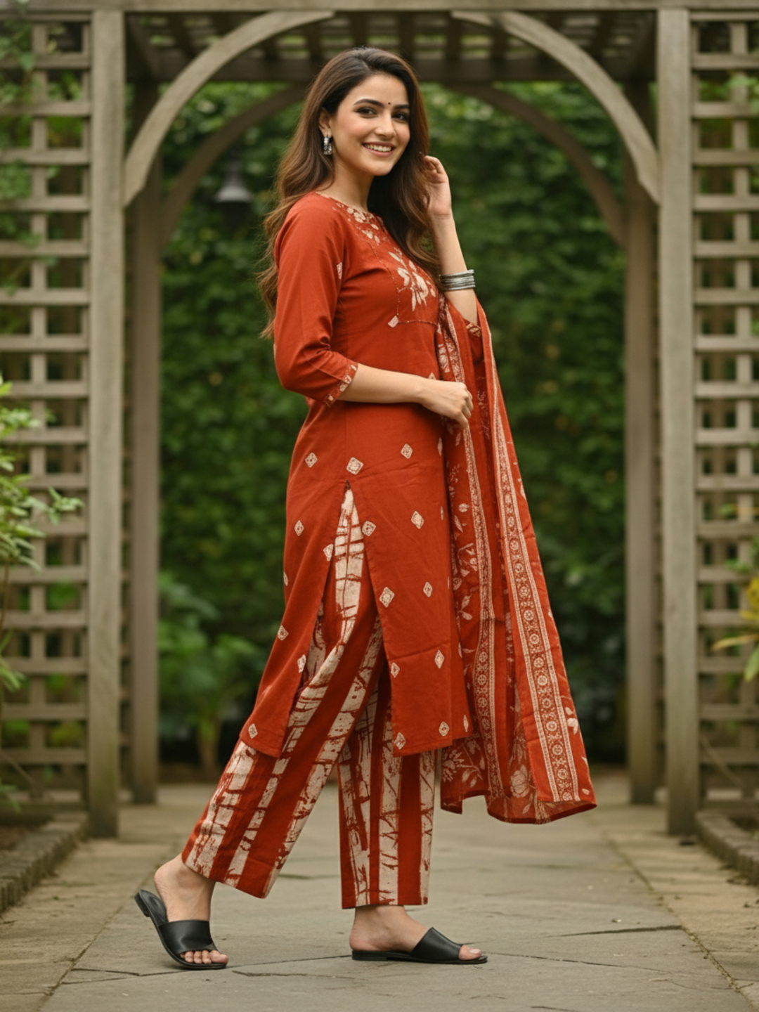 Floral Printed Embroidered Straight Kurta with Pant and Dupatta - Rust