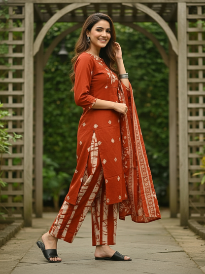 Floral Printed Embroidered Straight Kurta with Pant and Dupatta - Rust