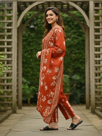 Floral Printed Embroidered Straight Kurta with Pant and Dupatta - Rust