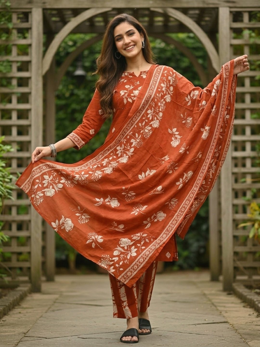 Floral Printed Embroidered Straight Kurta with Pant and Dupatta - Rust