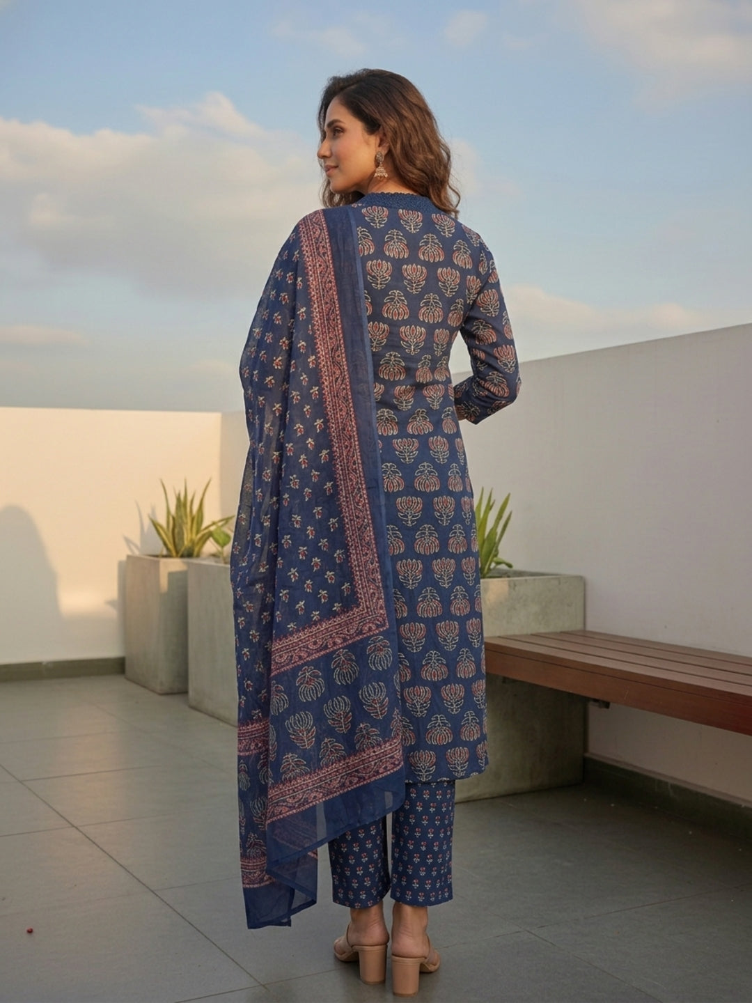 Ethnic Printed Straight Kurta with Pant & Dupatta - Navy Blue