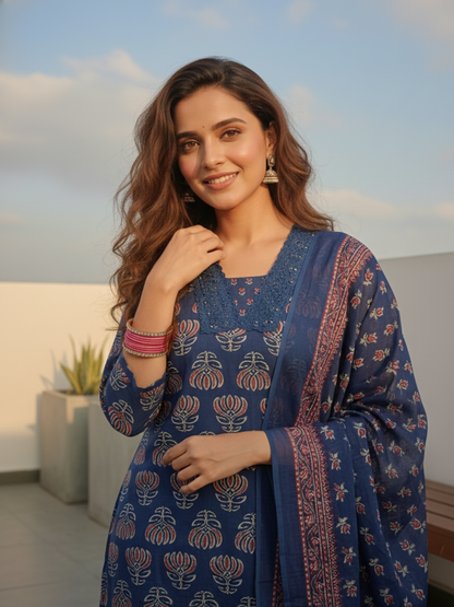 Ethnic Printed Straight Kurta with Pant & Dupatta - Navy Blue